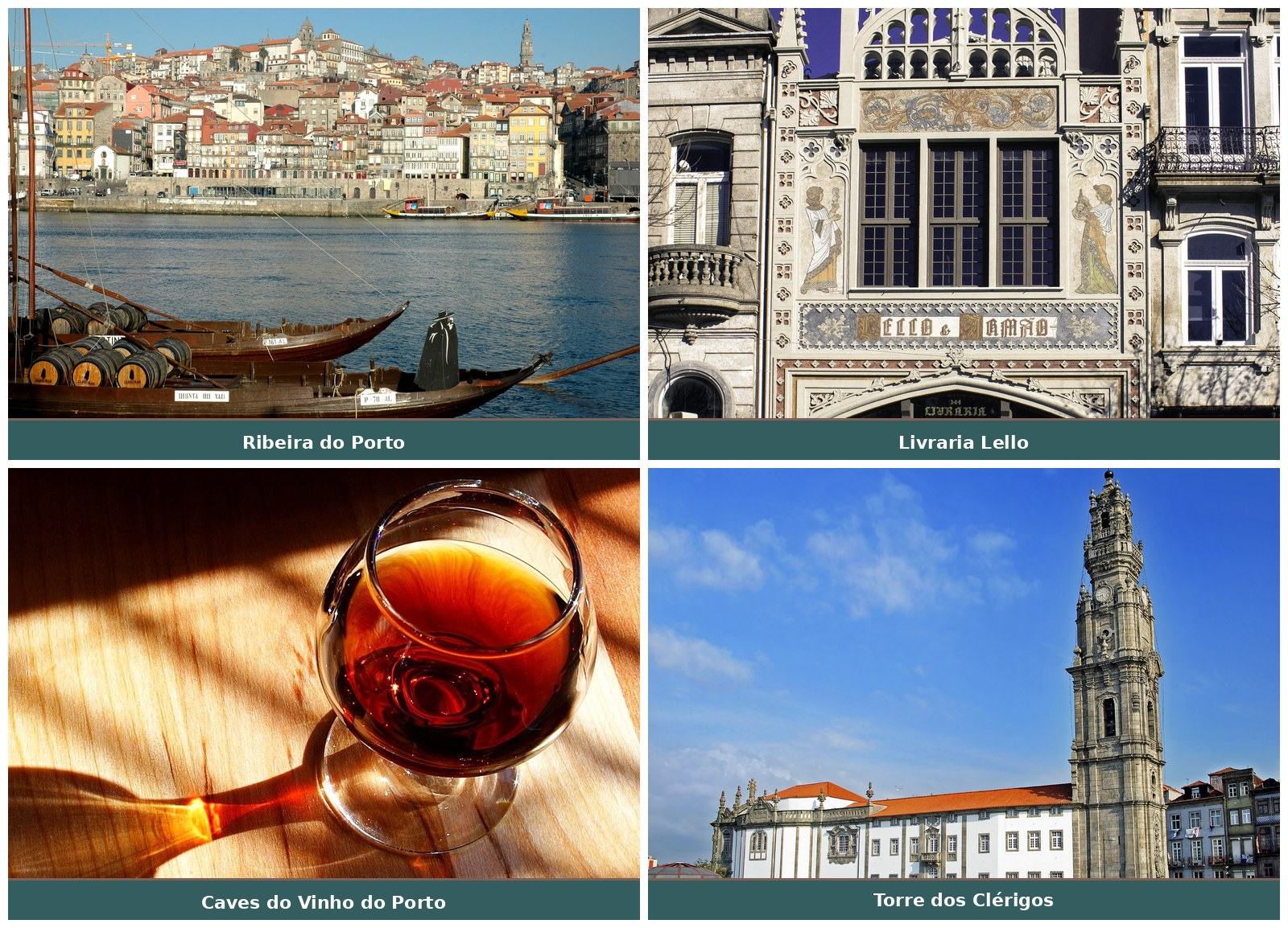 Ribeira do Porto, Livraria Lello, Caves do Vinho do Porto e Torre dos Cl\u00e9rigos