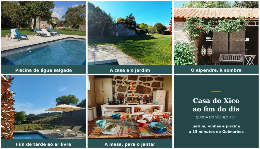 Piscina de água salgada, casa e jardim, alpendre à sombra, fim de tarde ao ar livre e a mesa posta para o jantar na Casa do Xico, em Guardizela