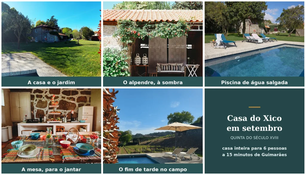 Casa e jardim, alpendre, piscina e mesa posta ao fim de tarde na Casa do Xico